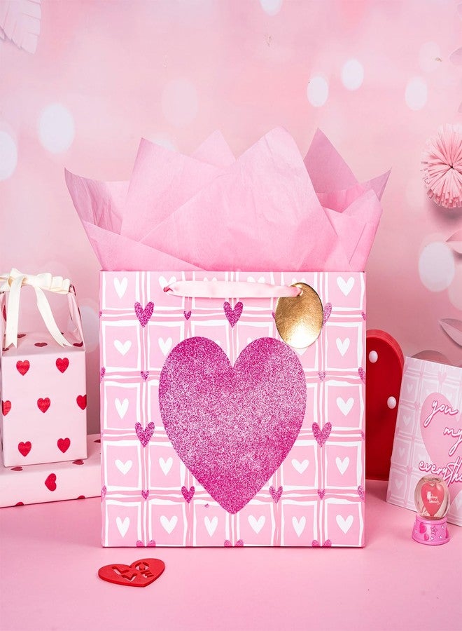 LeZakaa 13" Pink Heart Valentine Gift Bag, Glitter Heart Design for Women Girls, with 2 Pink Tissue Papers, Gift Tag & Greeting Card, for Classroom Valentine Exchange Gifts, 13" x 10" x 5", 1 Pcs - Image 5